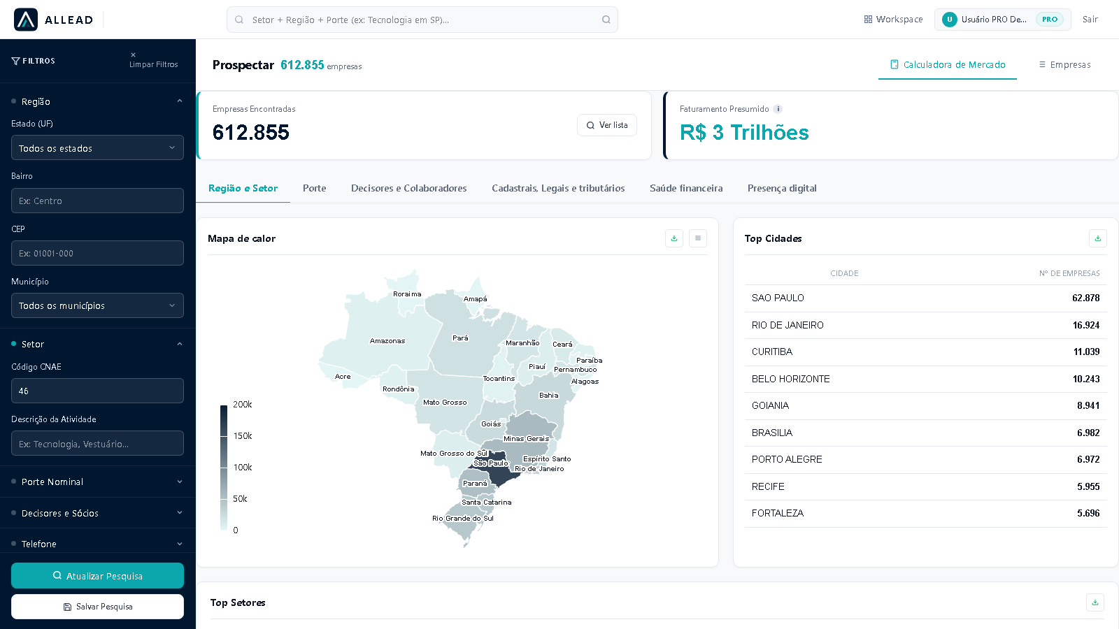 Calculadora de Mercado com total de empresas, faturamento presumido, mapa por estado e ranking de cidades