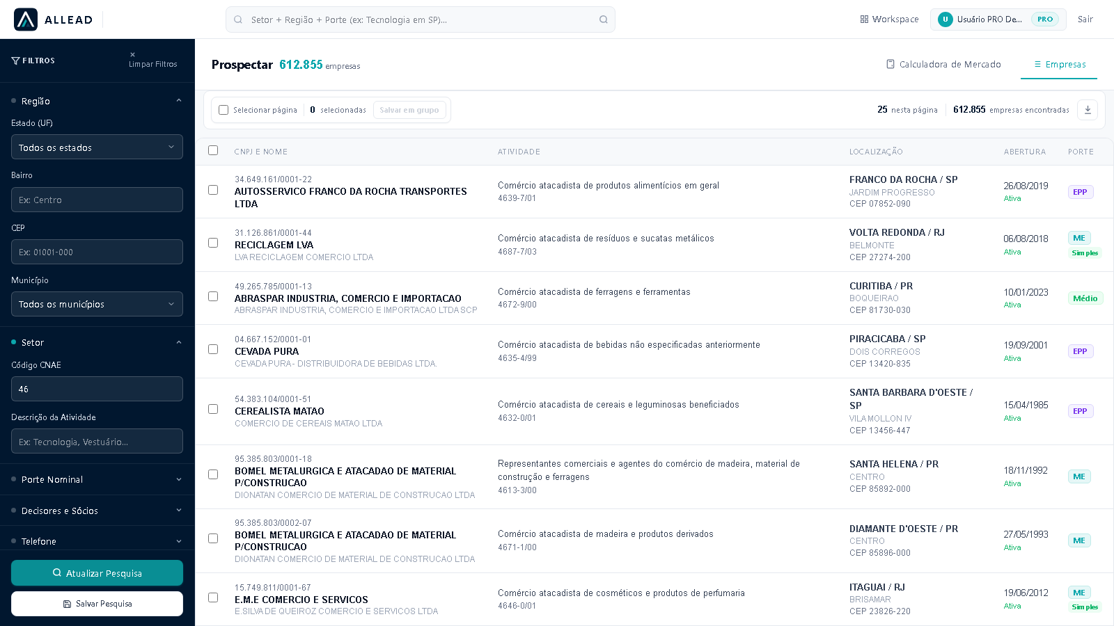 Pesquisa empresarial da ALLEAD com filtros e lista de empresas
